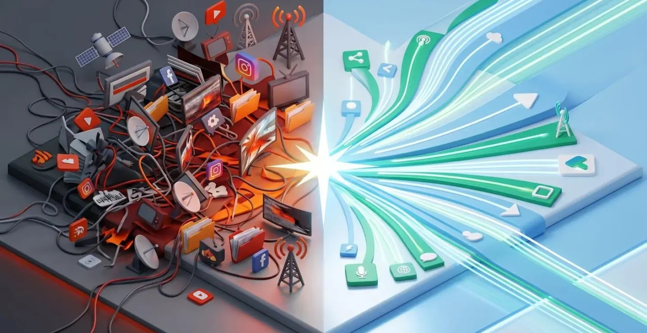 Illustration isométrique montrant le contraste entre un système complexe multi-prestataires et une solution centralisée simplifiée.